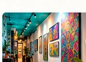 Artwork and seating inside Barrio 13