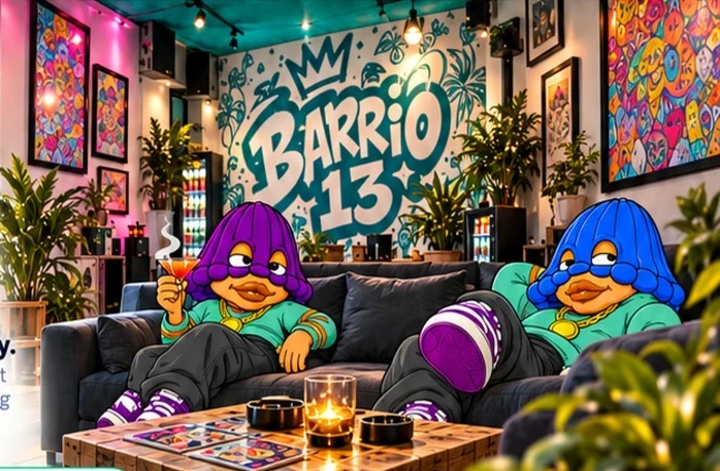 Barrio 13 lounge interior with original artwork and club characters